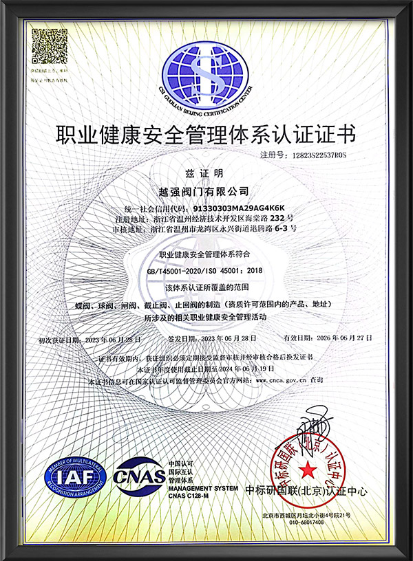 職業健康安全管理體系認證證書